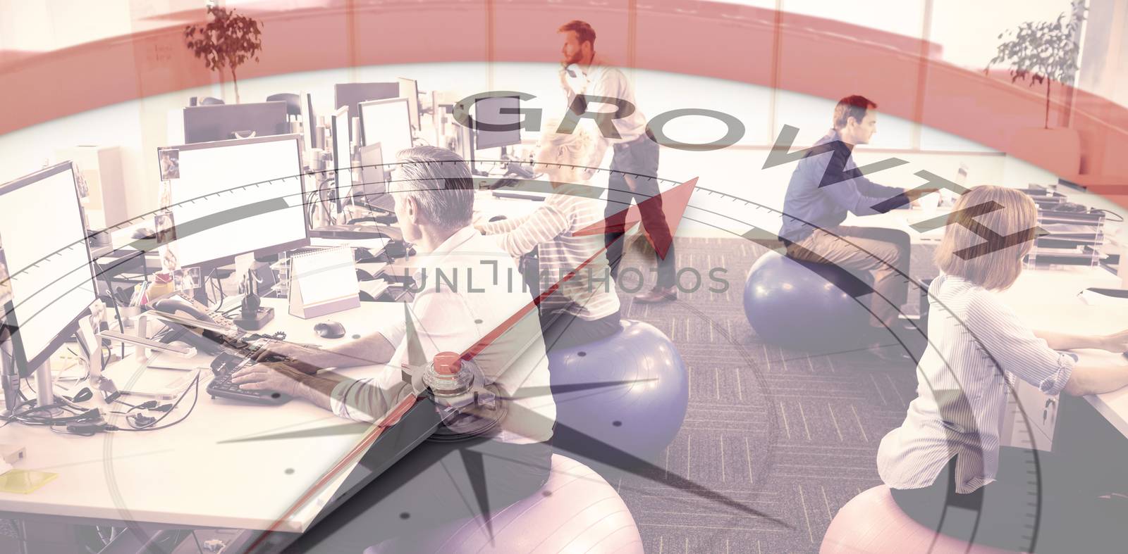 Compass pointing to growth against business people sitting on exercise balls while working in office