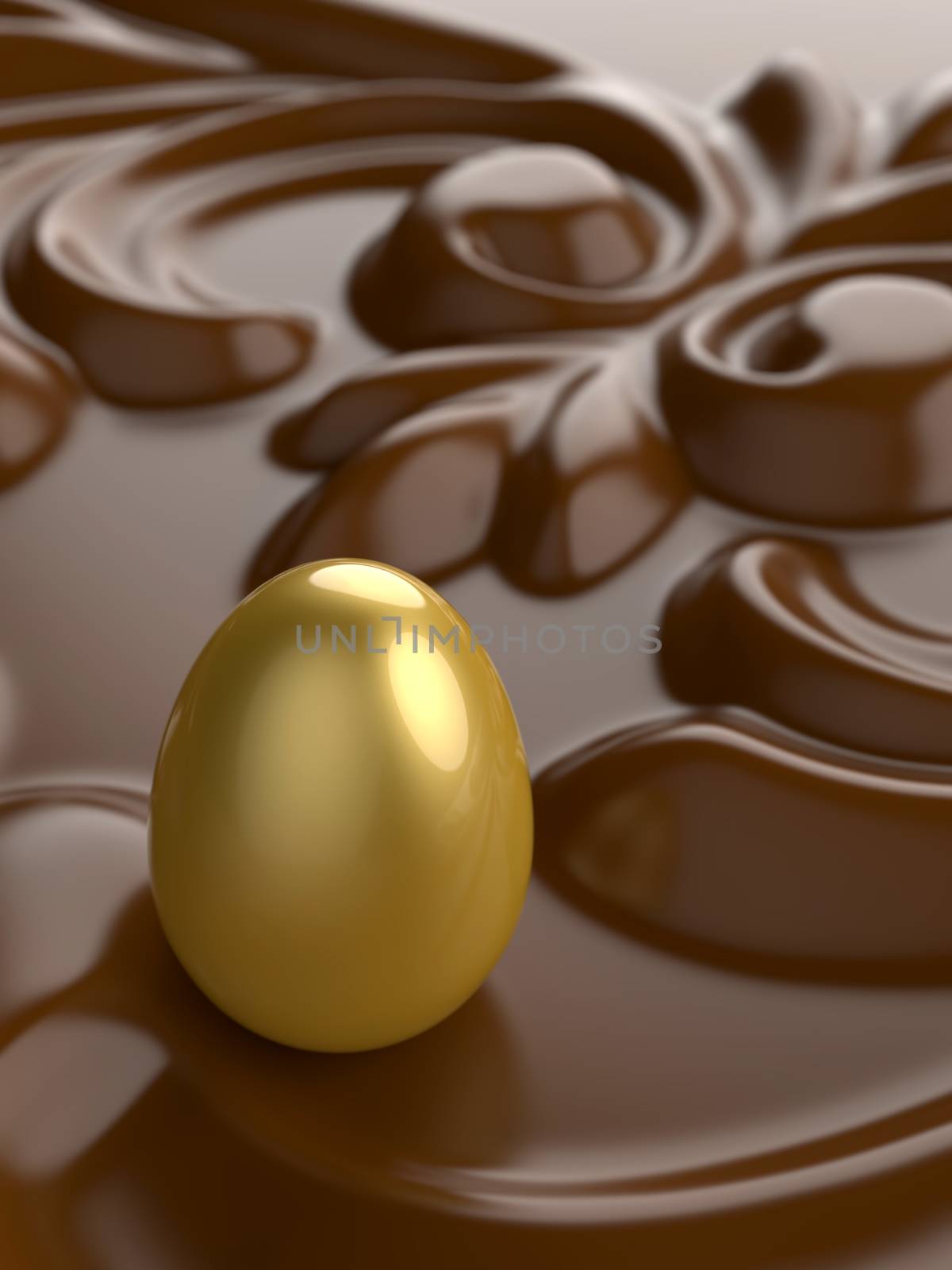 An Easter golden egg with chocolate ornament in front.