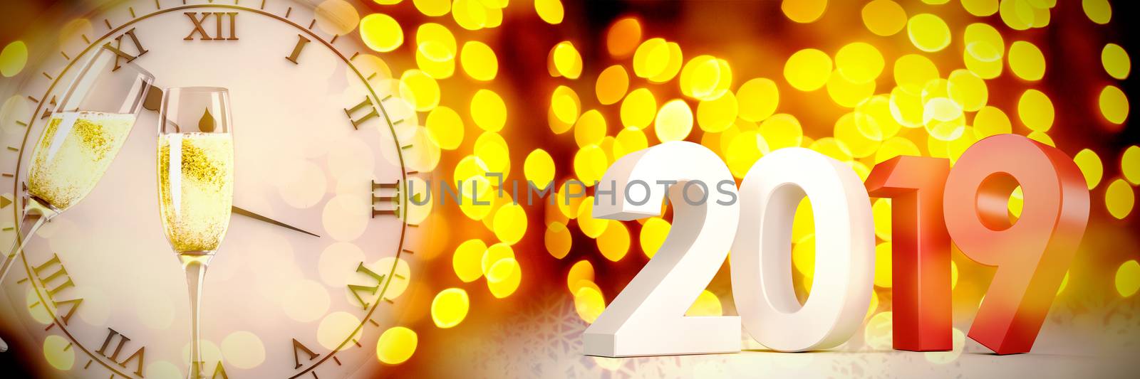 Digital image of three dimensional numbers in red and gray color against unfocused yellow christmas light