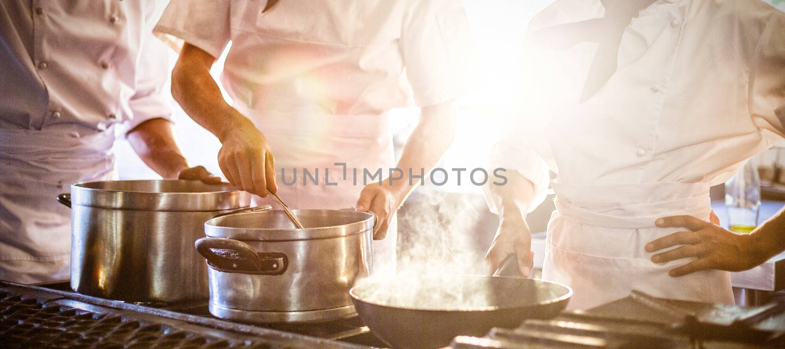 Chefs preparing food at stove in commercial kitchen