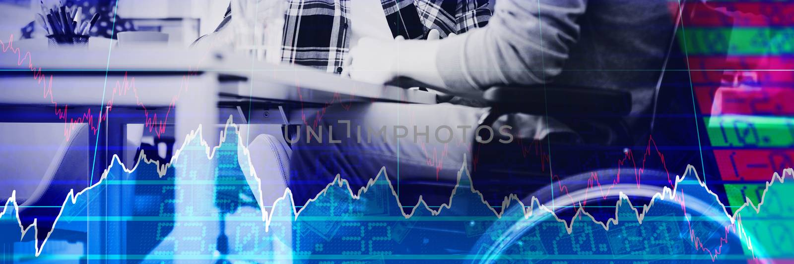 Stocks and shares against handicap businessman sitting with colleague in office