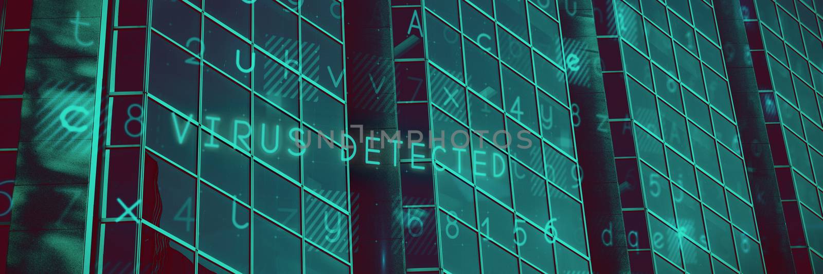 Virus background against close-up of glass office building 
