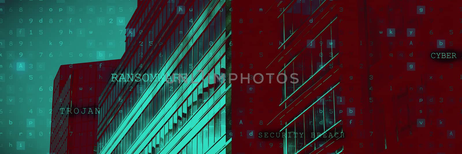 Virus background against side view of buildings 