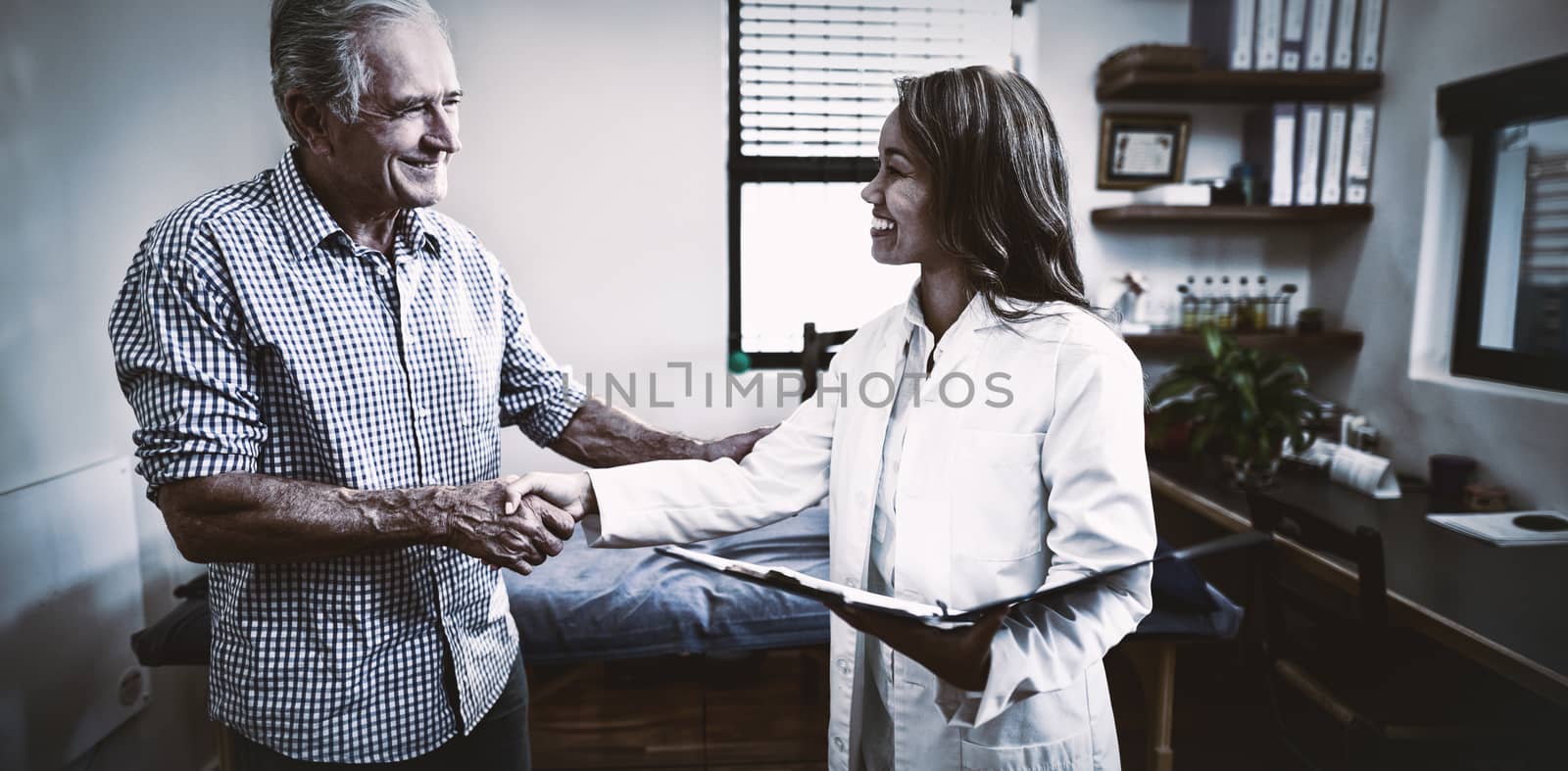Smiling senior male patient and female therapist shaking hands against window by Wavebreakmedia