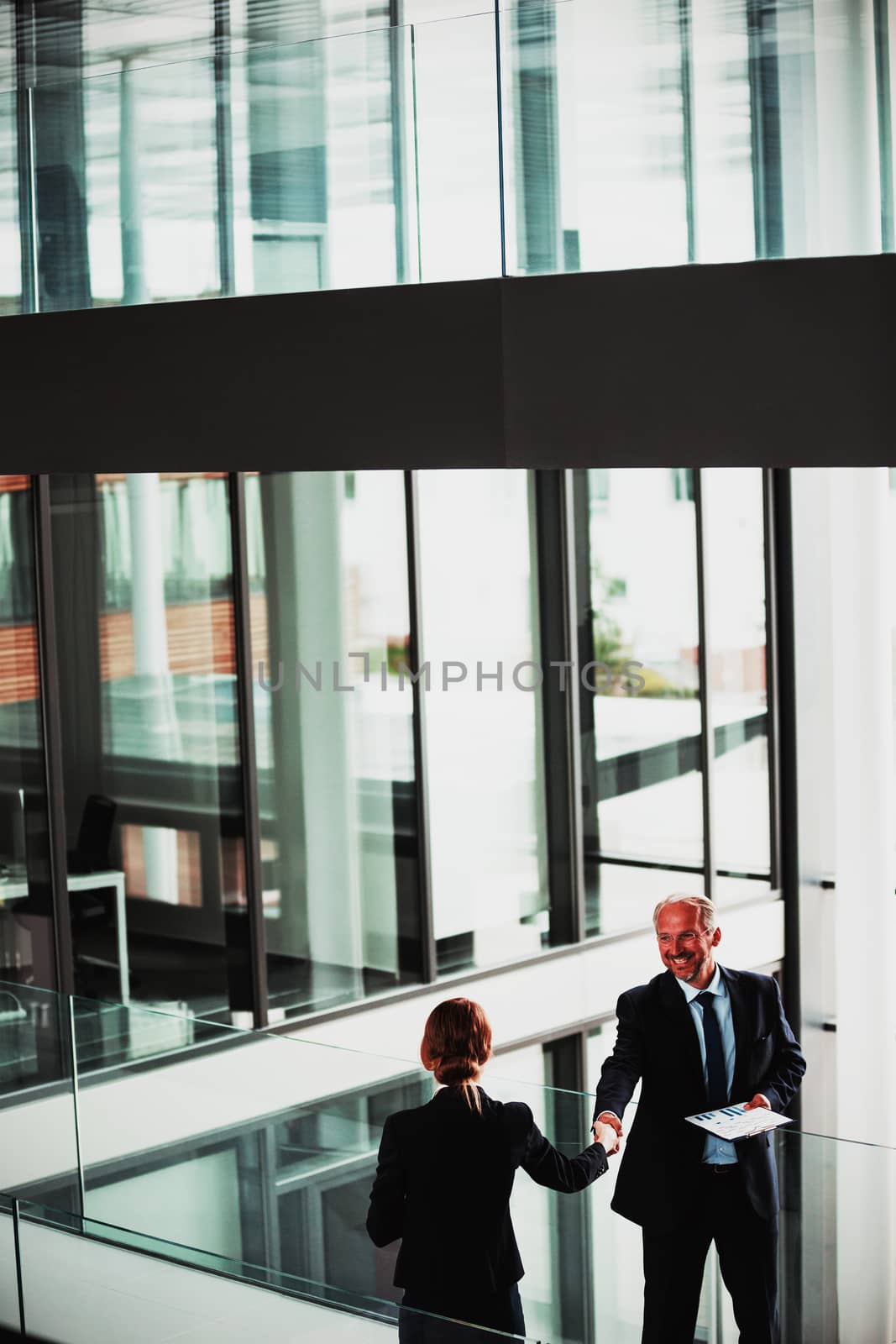 High angle view of businessman shaking hands with colleague in office