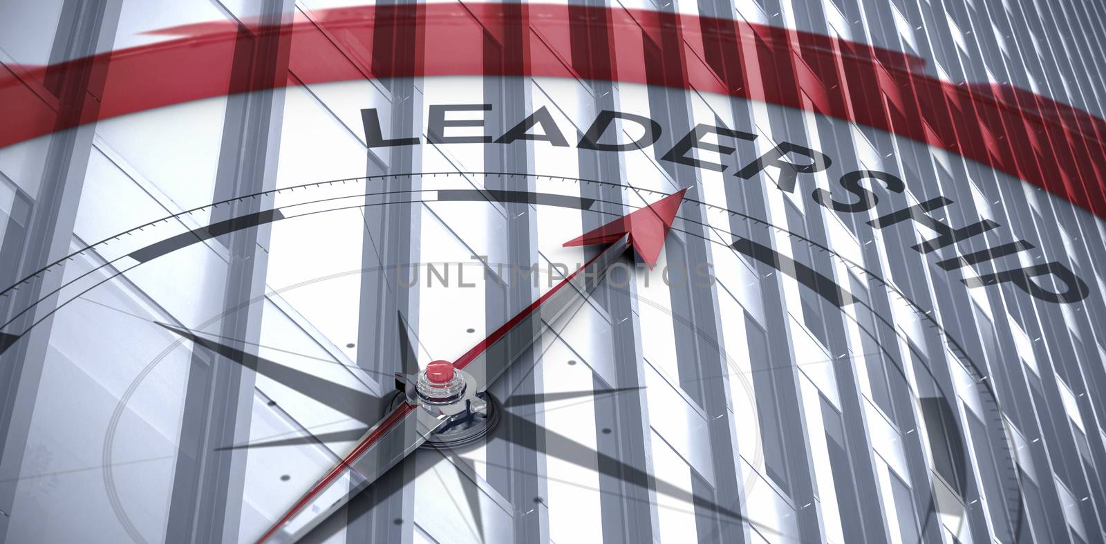 Compass pointing to leadership against close-up of glass office building 