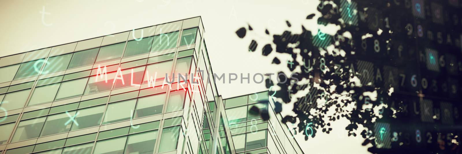 Virus background against view of glass office building