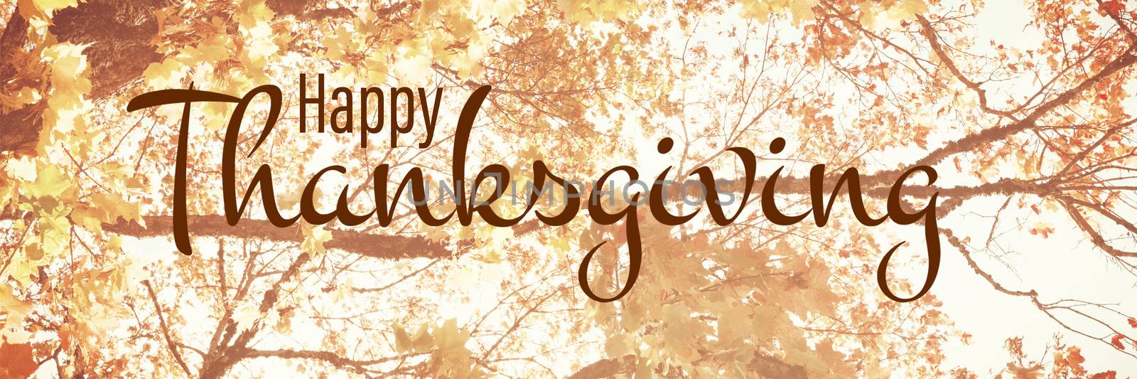 Illustration of happy thanksgiving day text greeting against  low angle view of tree against blue sky