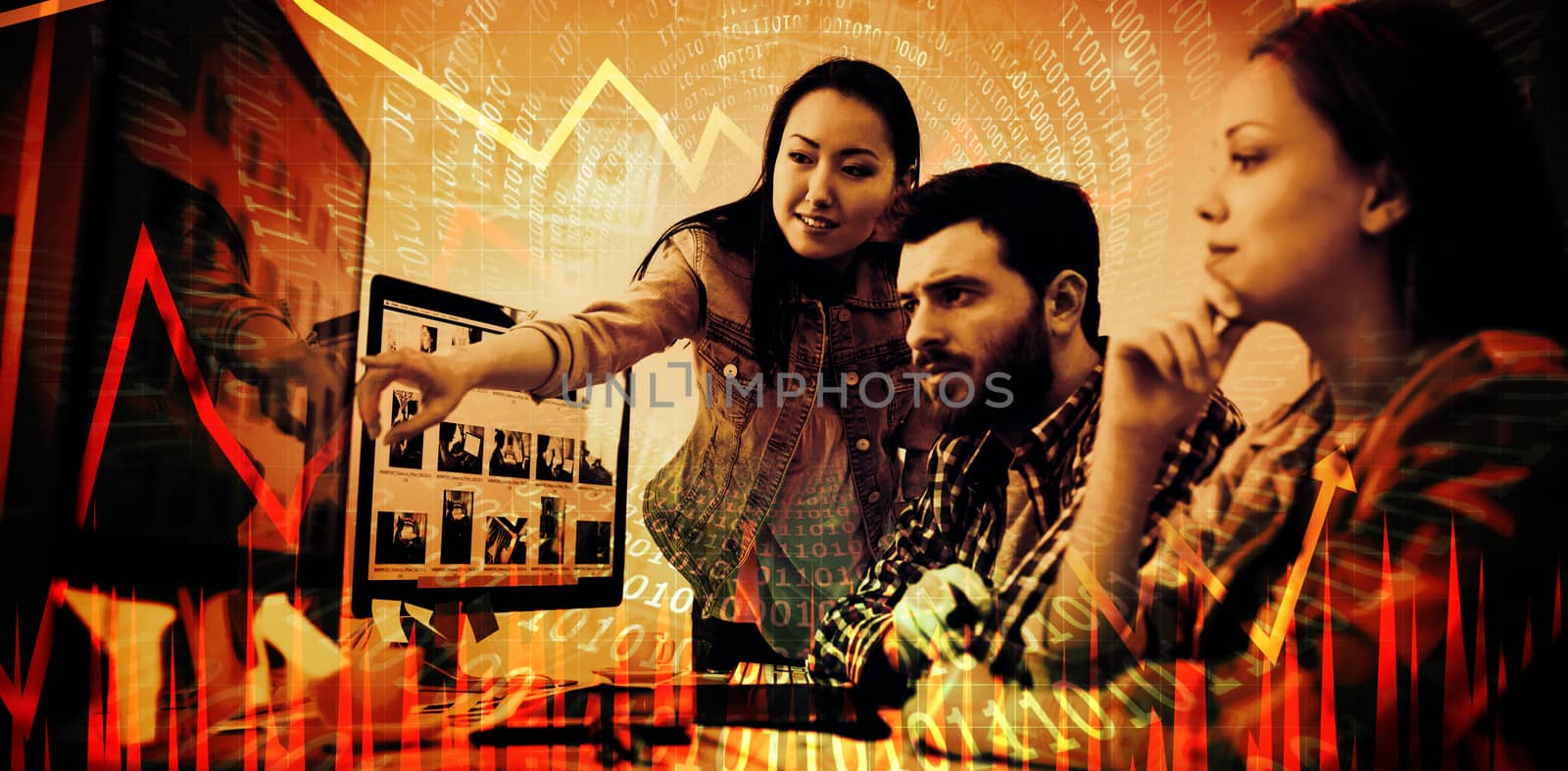 Stocks and shares against businesswoman showing computer screen to coworkers