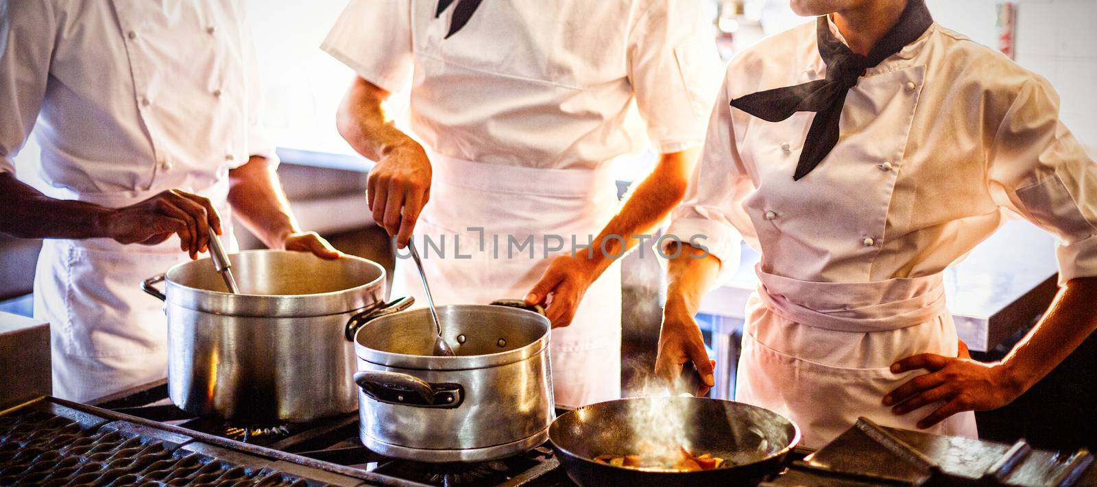 Chefs preparing food at stove in commercial kitchen