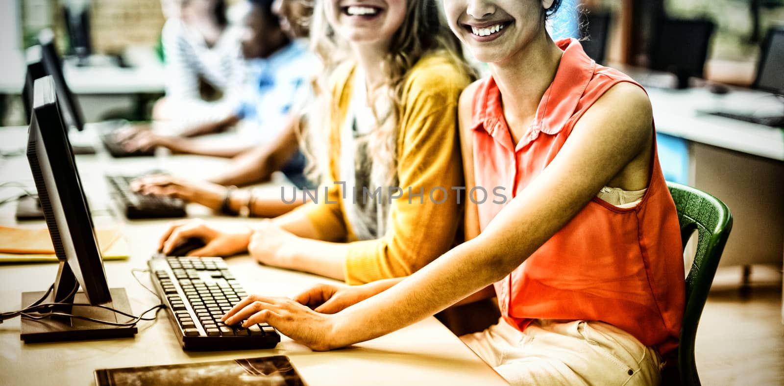 Portrait of smiling students studying in computer classroom at school