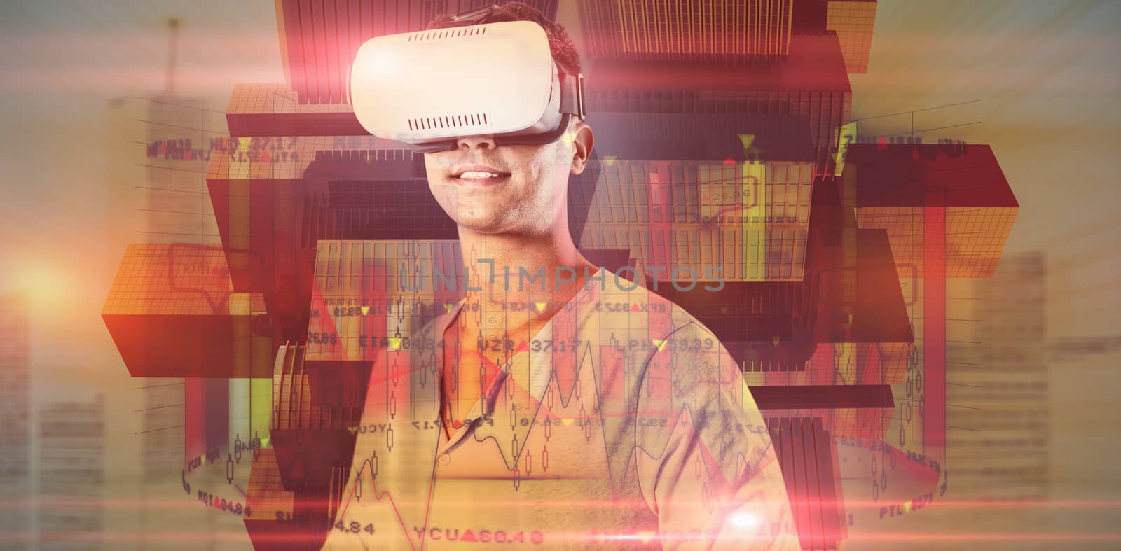 Man using virtual reality headset against composite image of business interface