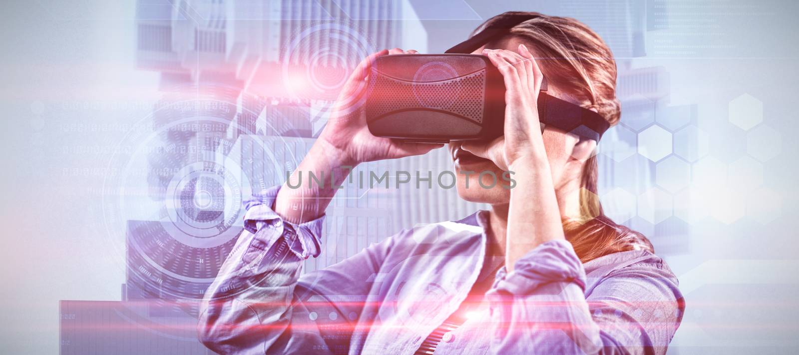 Woman using an oculus against view from balcony over city
