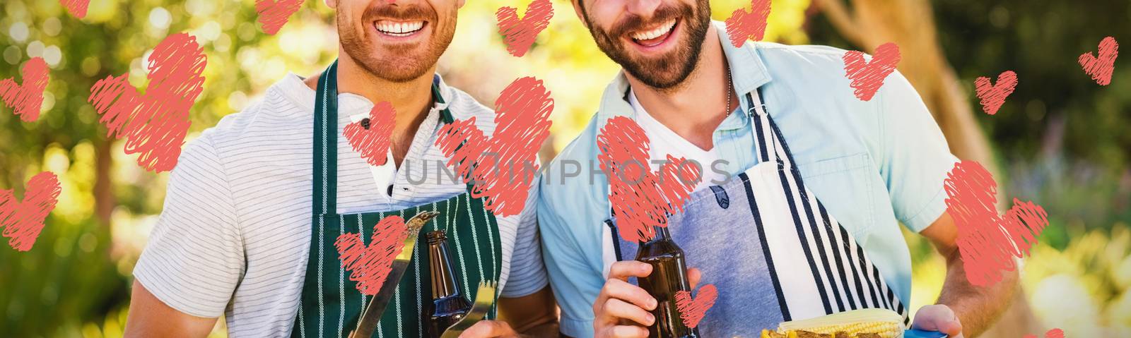 Red Hearts against portrait of two happy men holding barbecue meal and beer bottle
