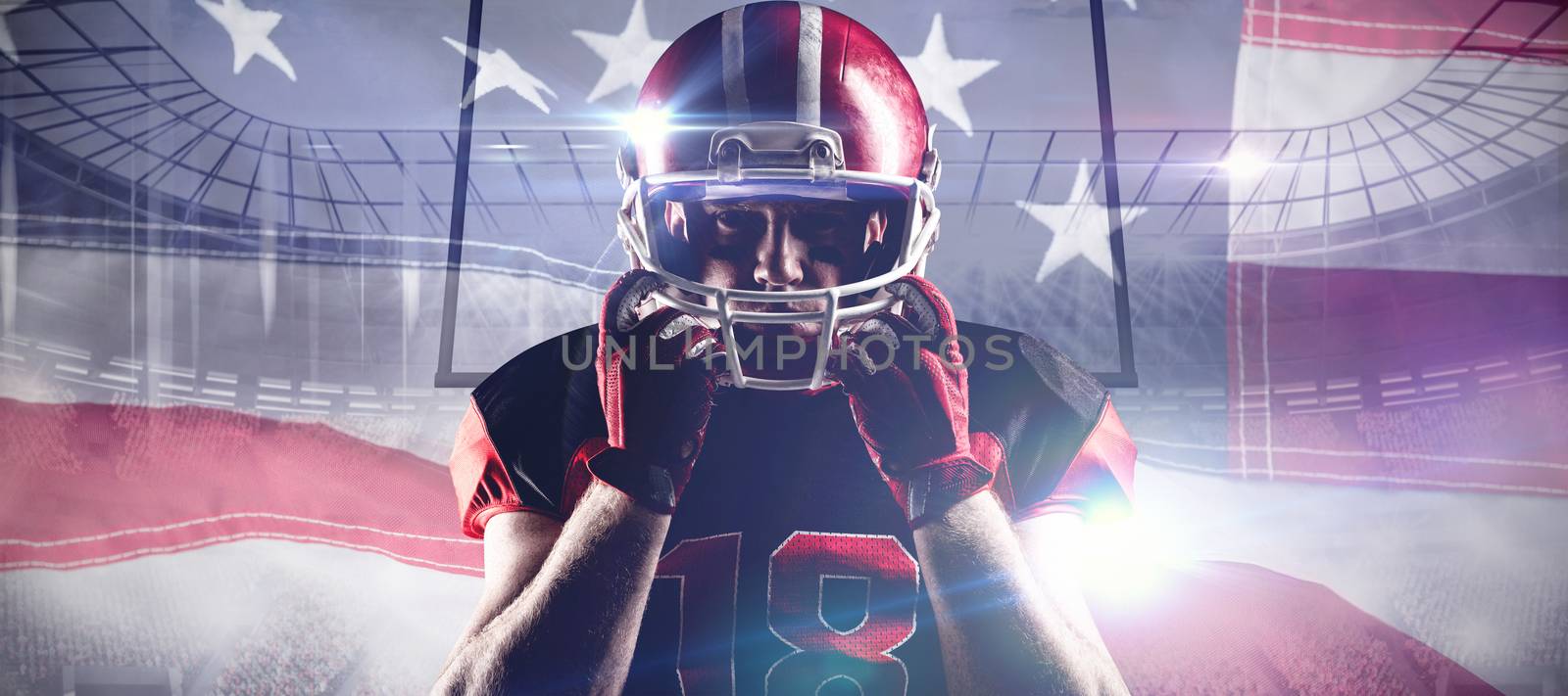 American football player standing with rugby helmet against close-up of an american flag