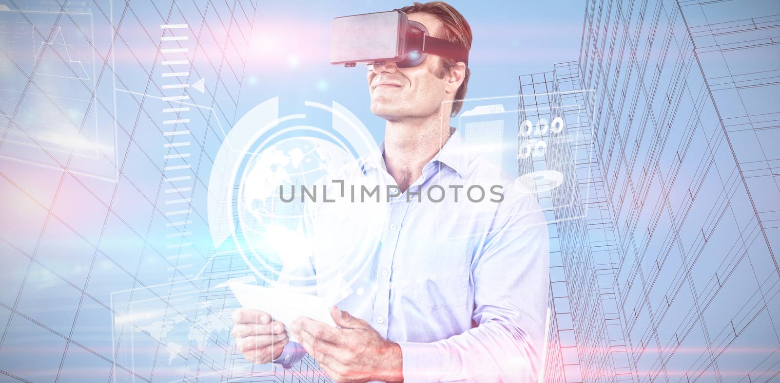 Businessman holding tablet while wearing vr glasses against composite image of technology interface 