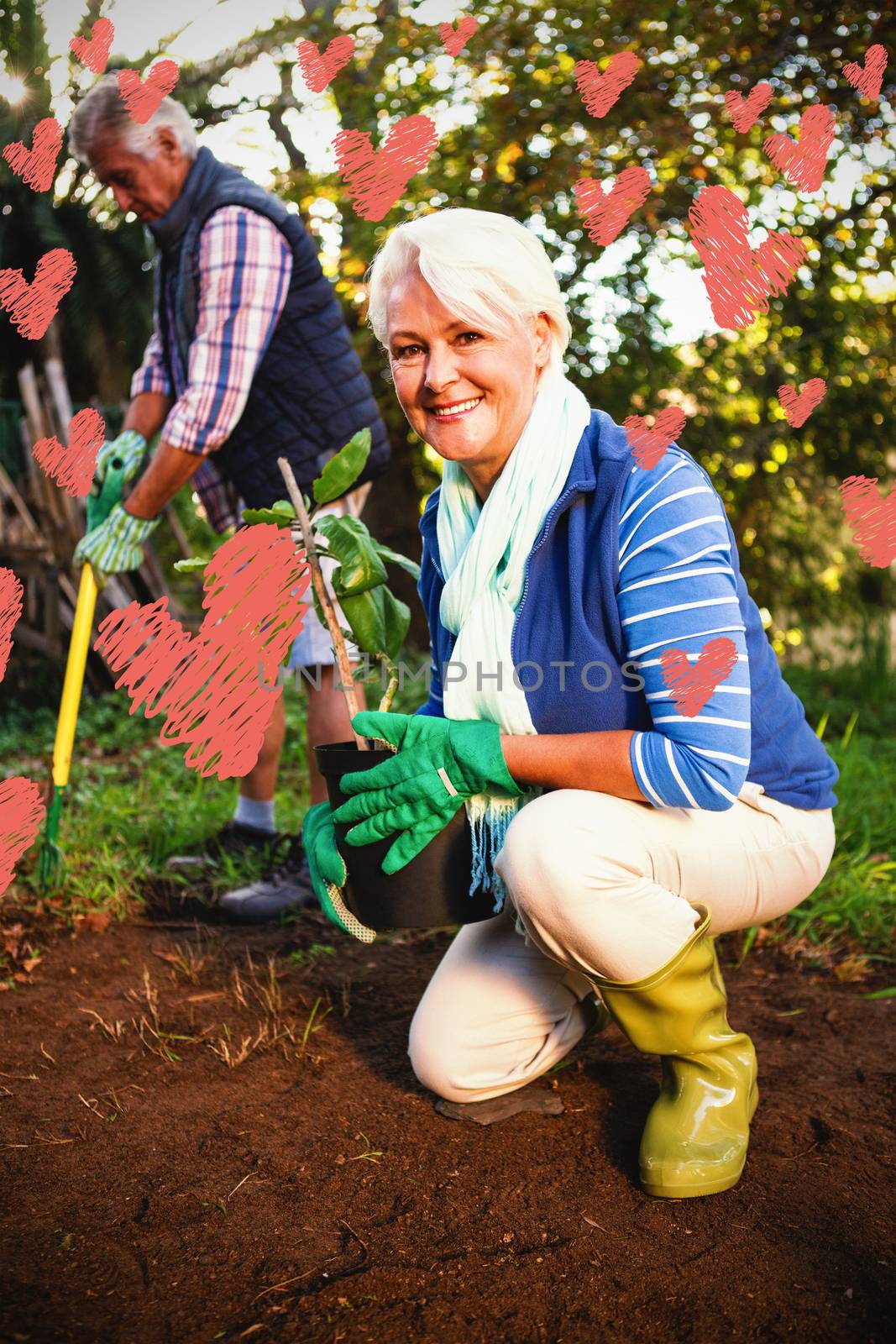Red Hearts against portrait of happy female gardener with potted plant at garden
