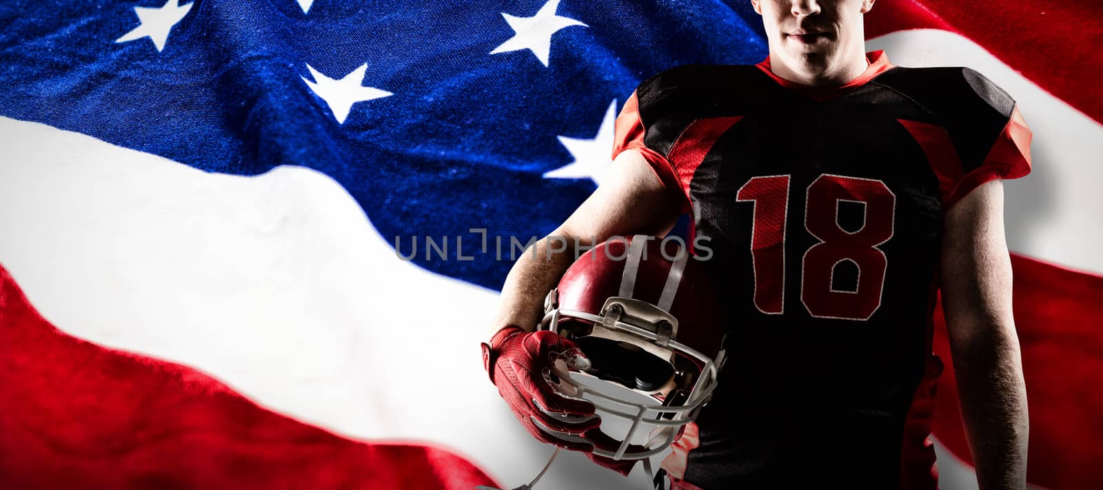 Volleyball player holding rugby helmet against american flag with stars and stripes