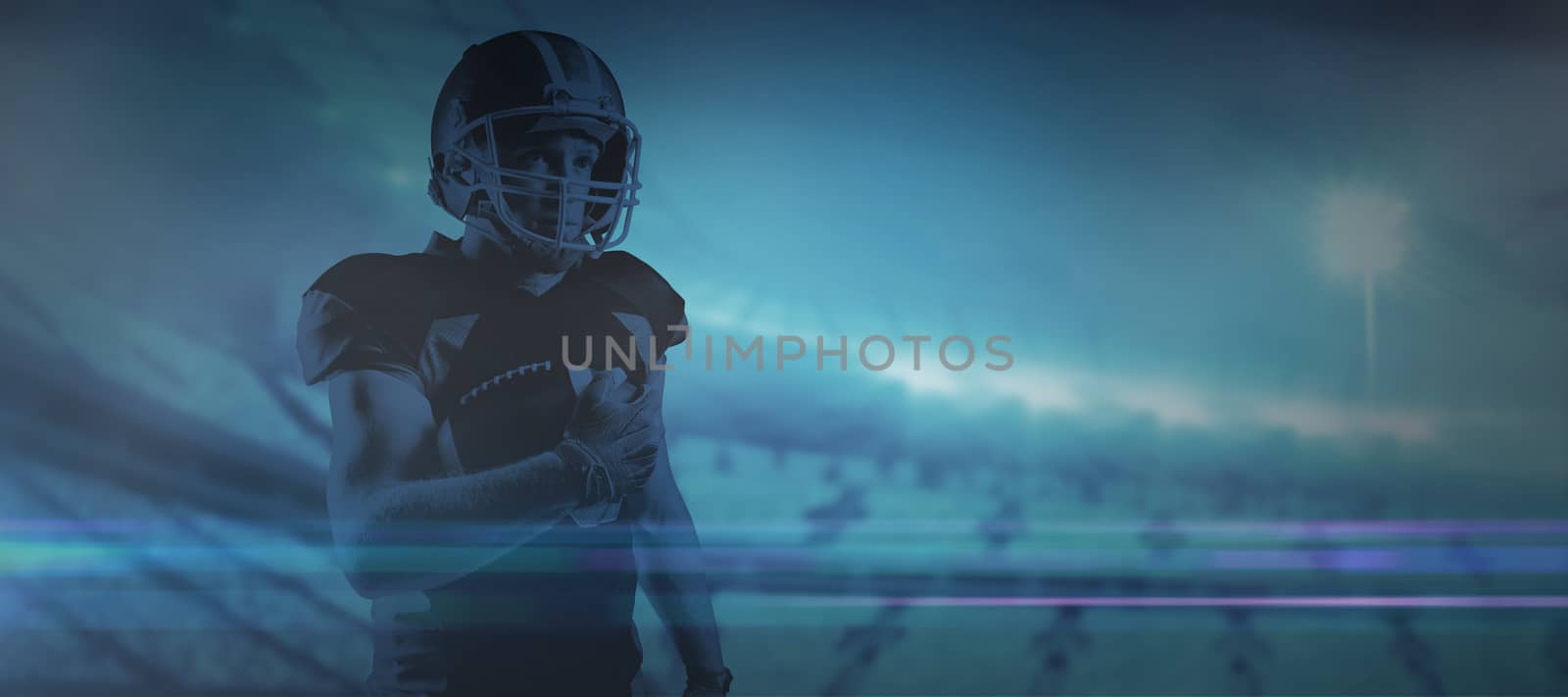 American football player in helmet holding rugby ball against digital image of rugby stadium