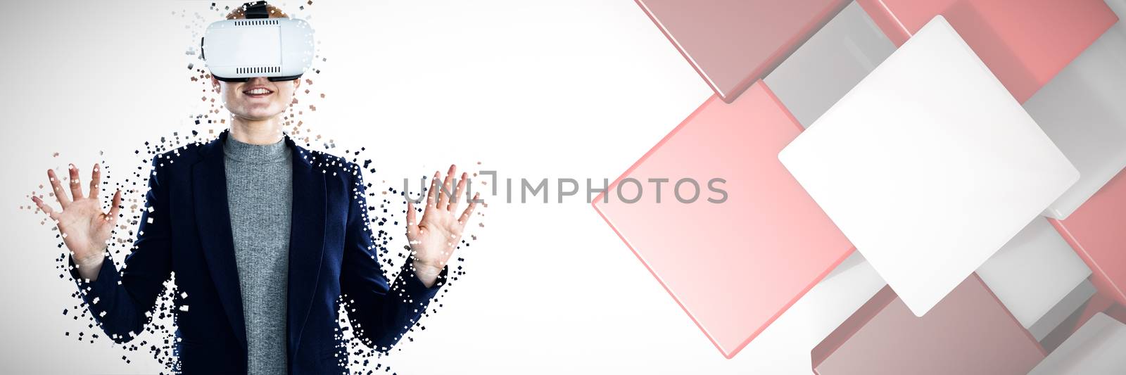 Composite image of happy businesswoman gesturing while wearing vr glasses by Wavebreakmedia