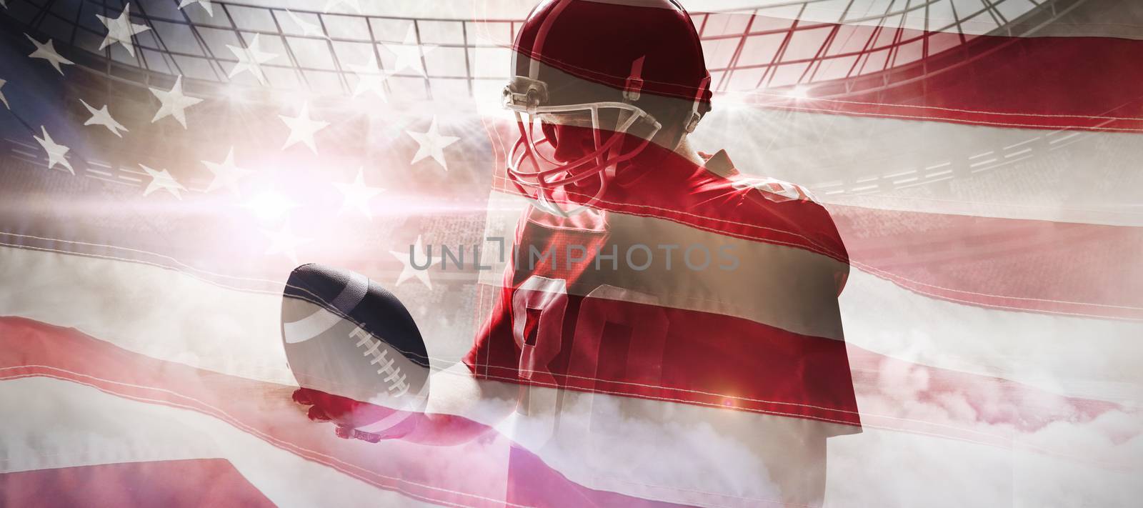 American football player standing with rugby ball and helmet against close-up of an american flag