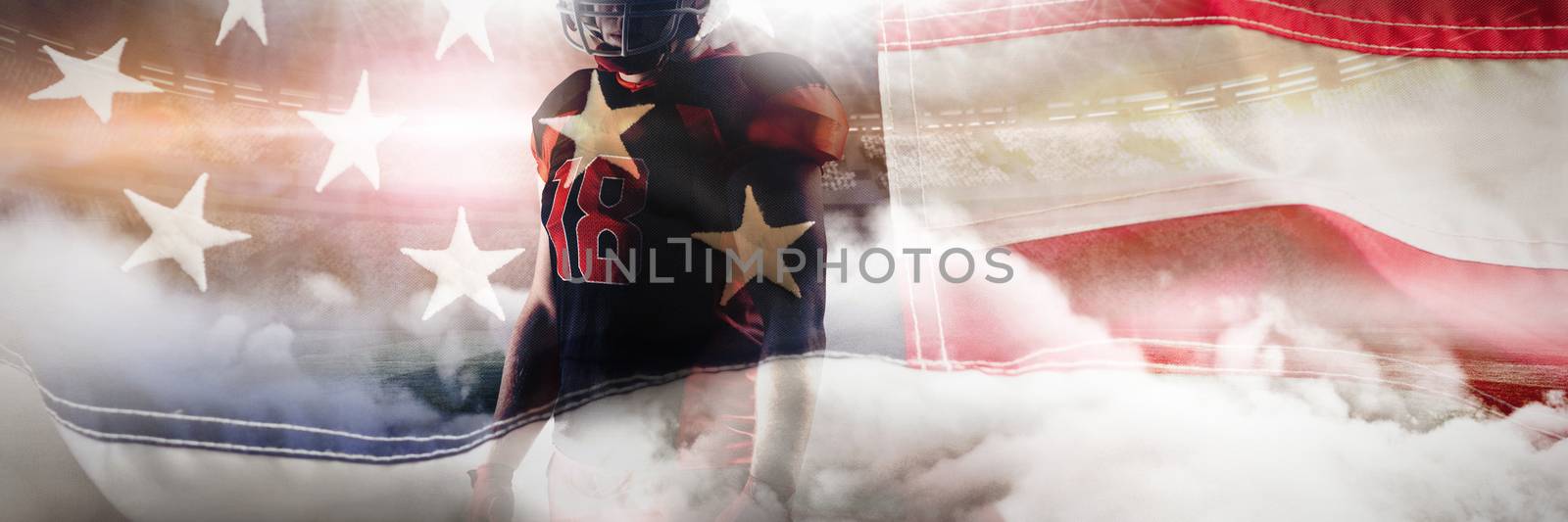 American football player standing with rugby helmet against full frame of american flag