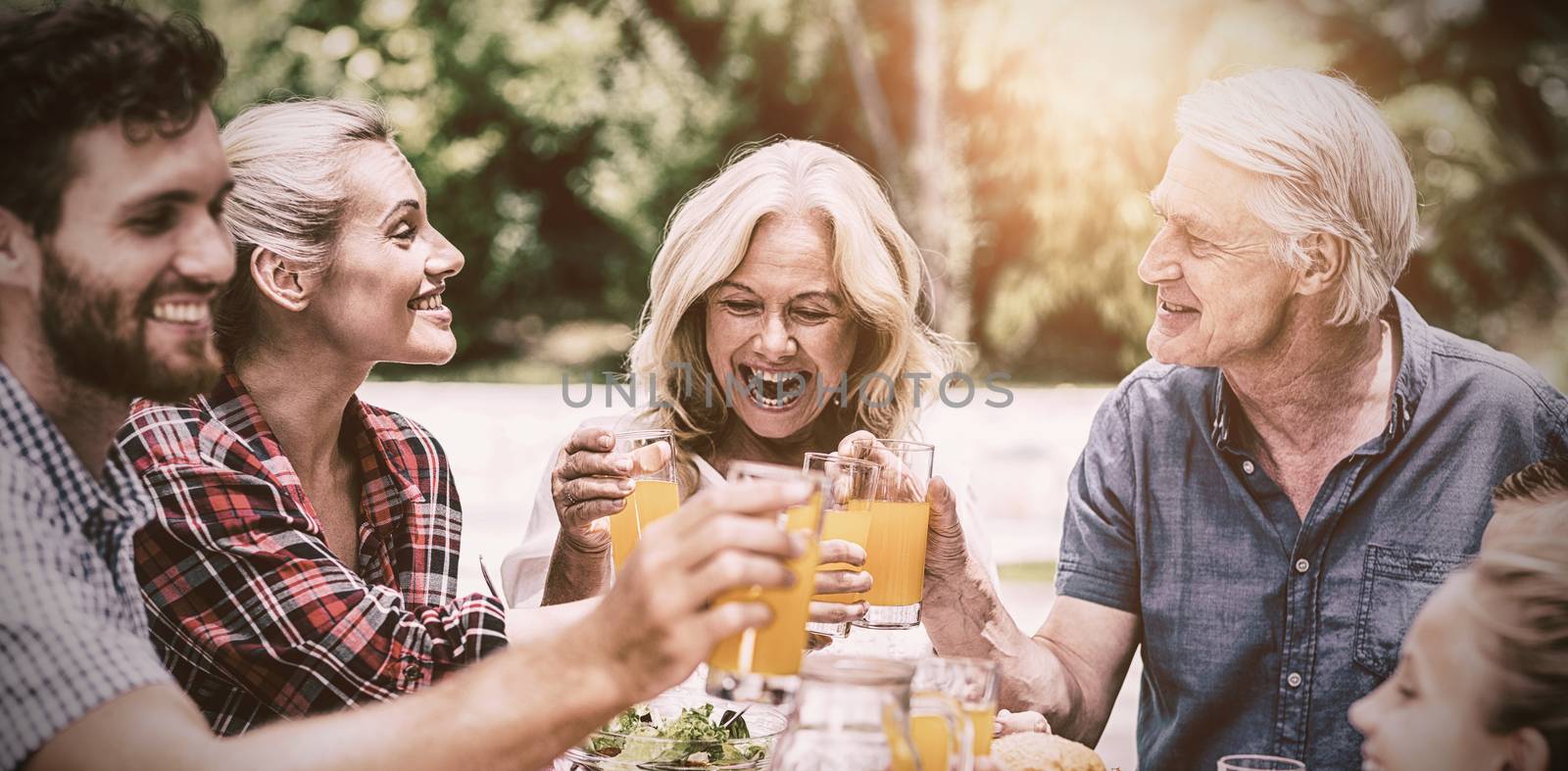 Smiling family toasting juice at table in yard 