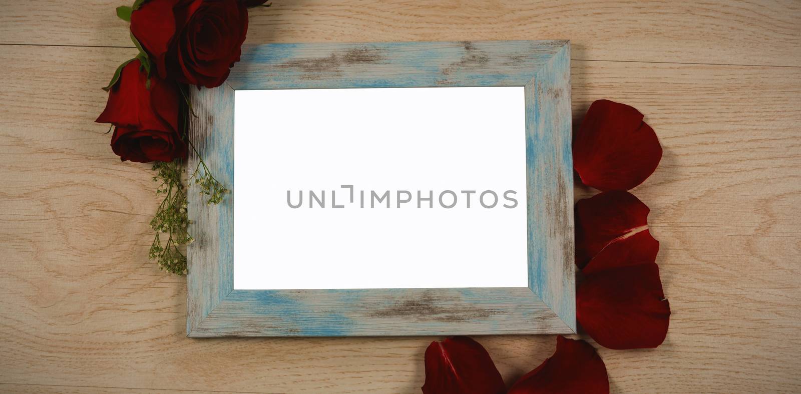 Empty photo frame and rose flower