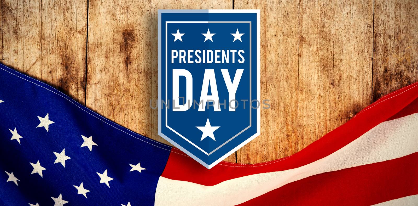 presidents day icon against american flag on a wooden table