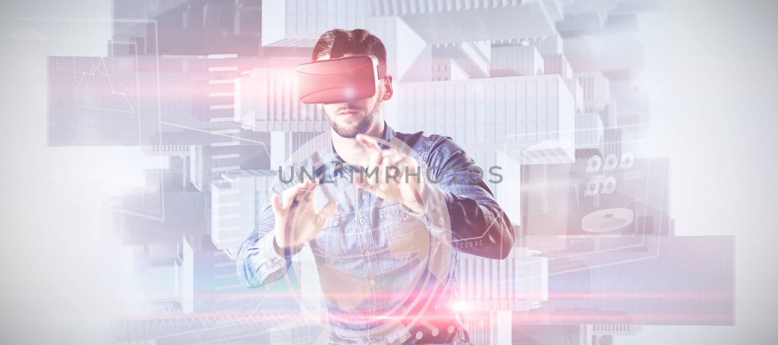 Man using virtual reality headset against composite image of technology interface 