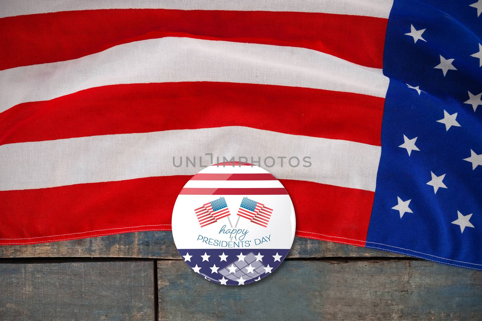happy presidents day vector typography and two american flags against american flag on a wooden table