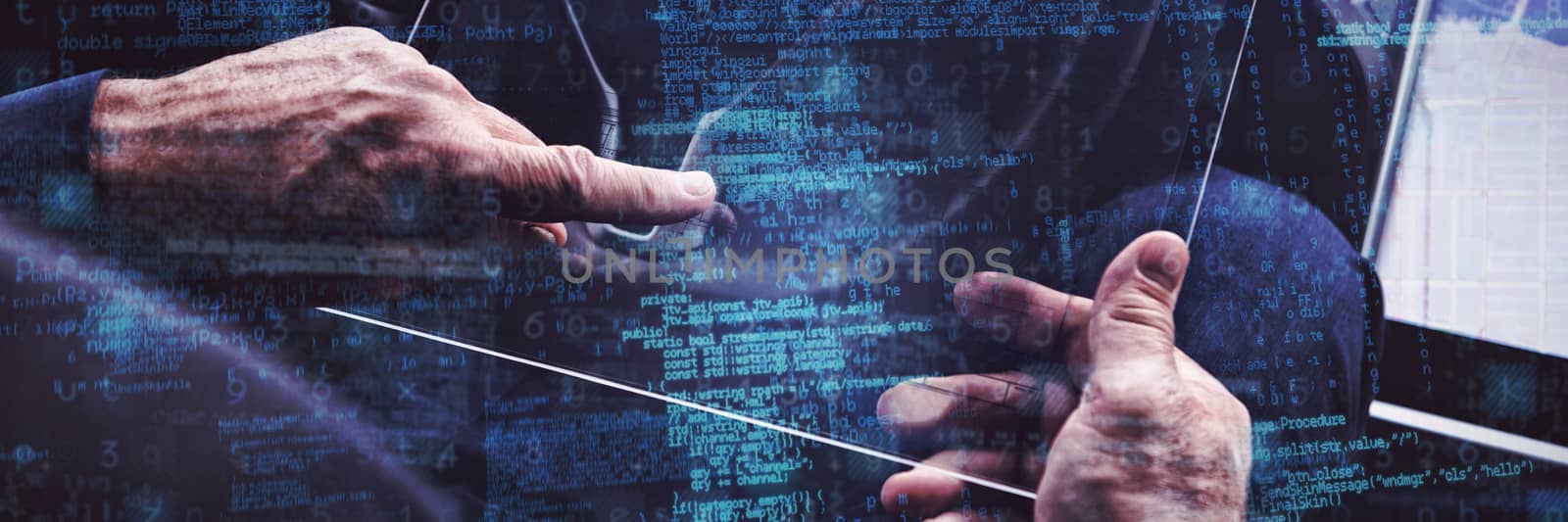 Composite image of binary codes against man using glass digital tablet in van