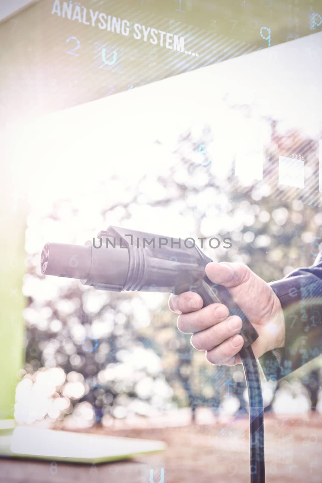 Virus background against man holding charging plug