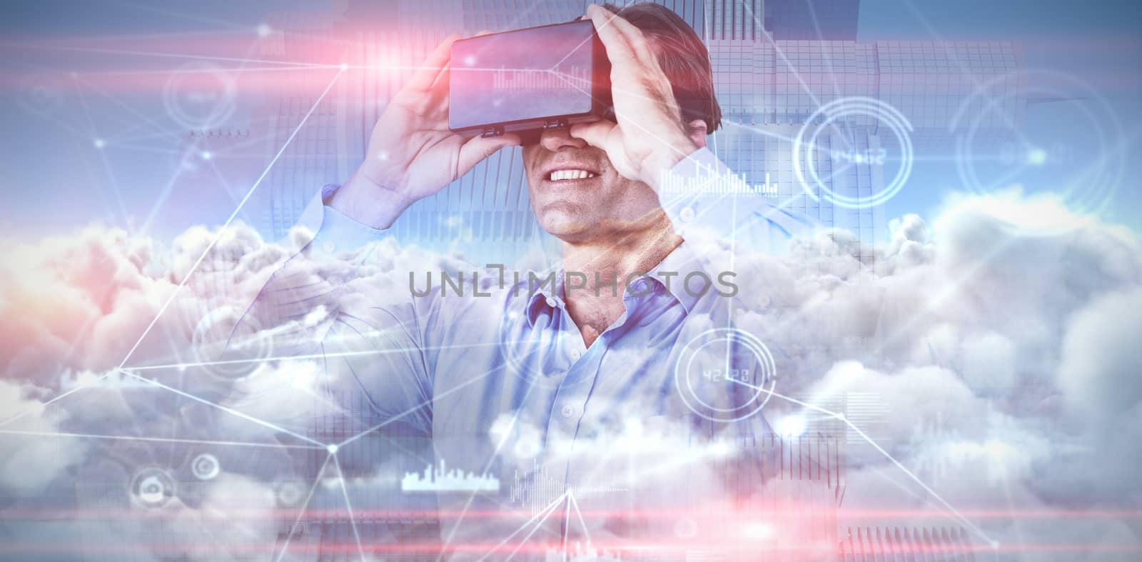 Smiling businessman in blue shirt wearing vr glasses against composite image of interface connecting lines over clouds 