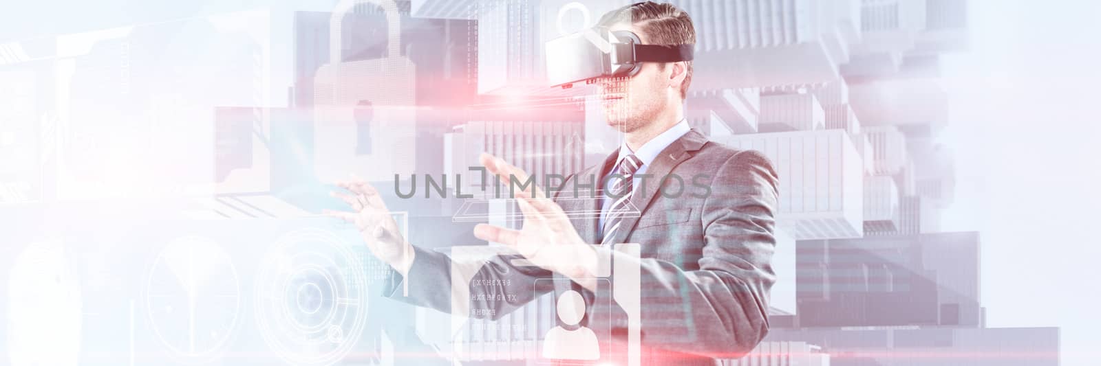 Businessman gesturing while using virtual reality headset against composite image of identification interface