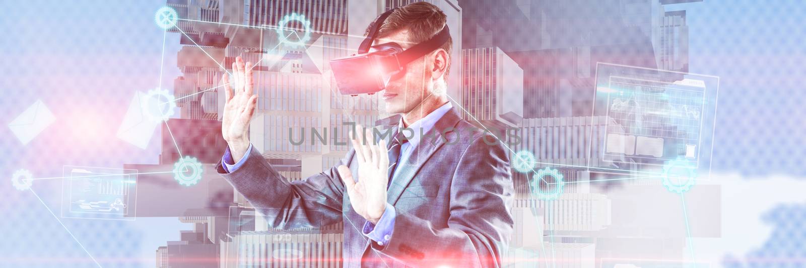 Businessman using virtual reality headset against composite image of data analysis interface background 