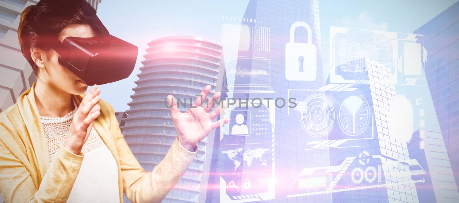 Woman using virtual reality headset against composite image of security interface