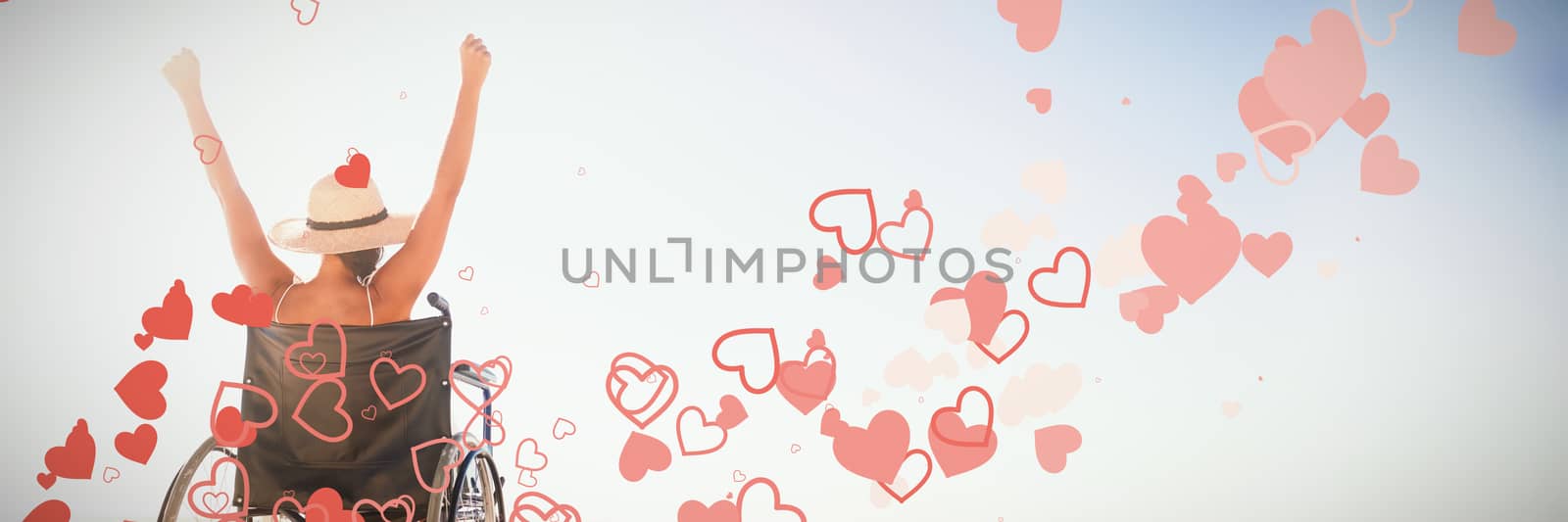 Valentines heart design against wheelchair woman sitting  with arms up 