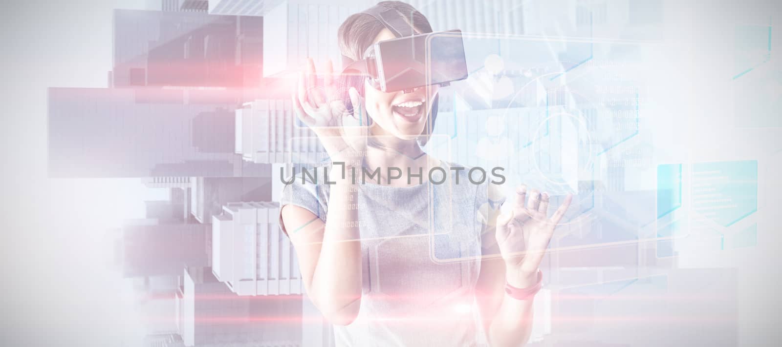 Businesswoman holding virtual glasses on a white background against view from balcony over city