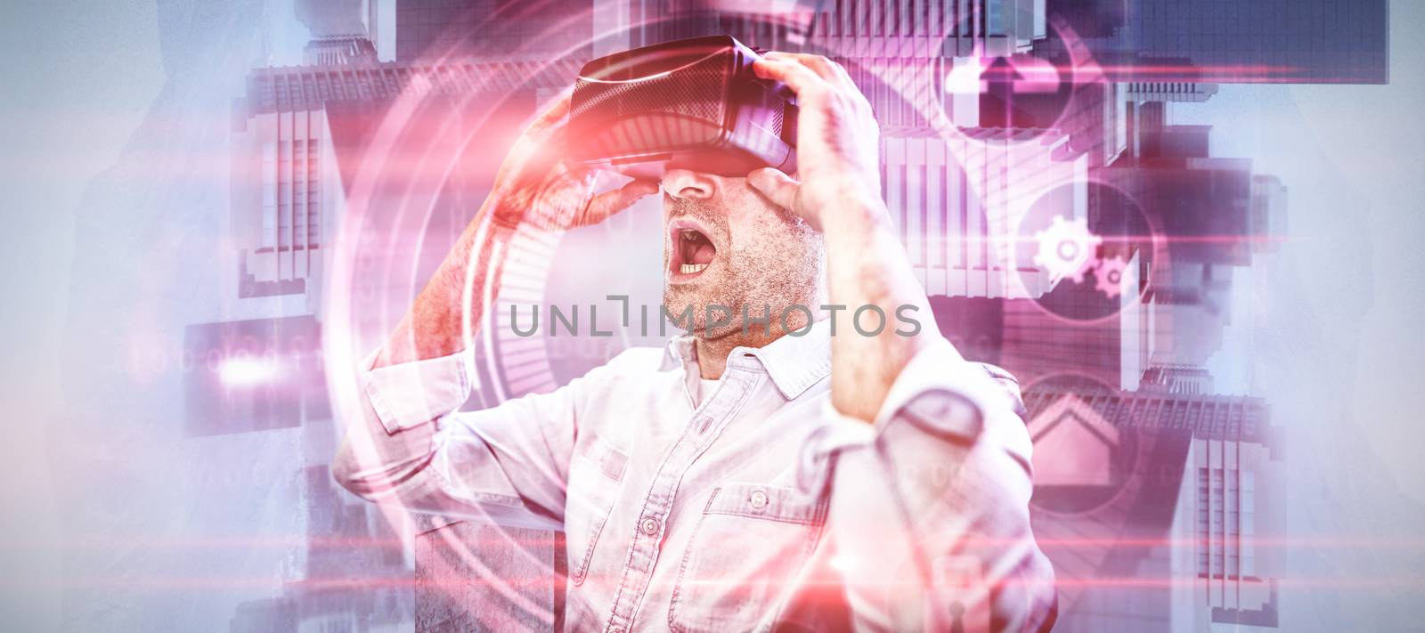 Composite image of businessman holding virtual glasses by Wavebreakmedia