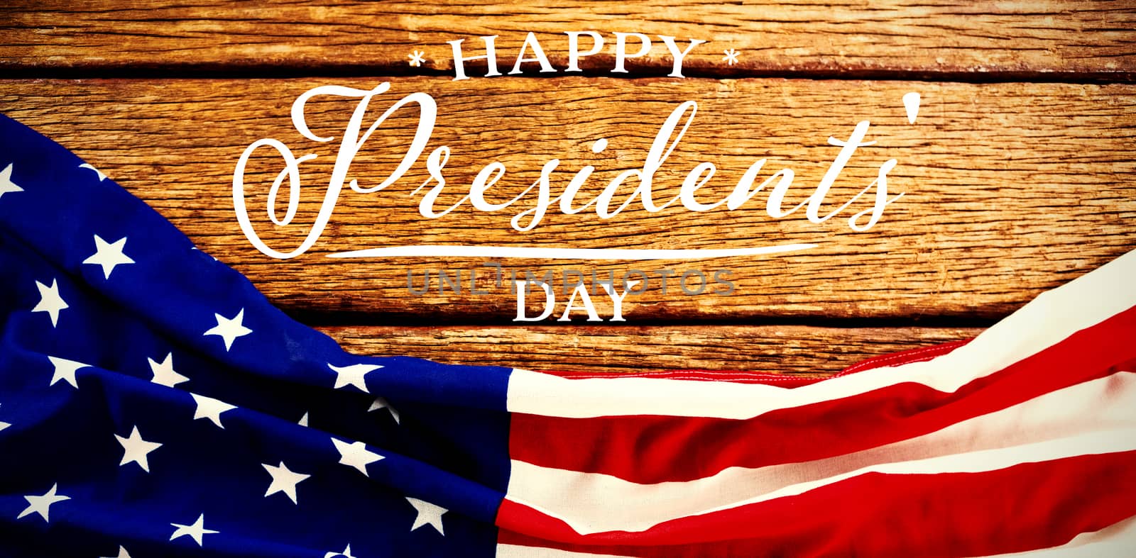 Happy presidents day. Vector typography against american flag on a brown table