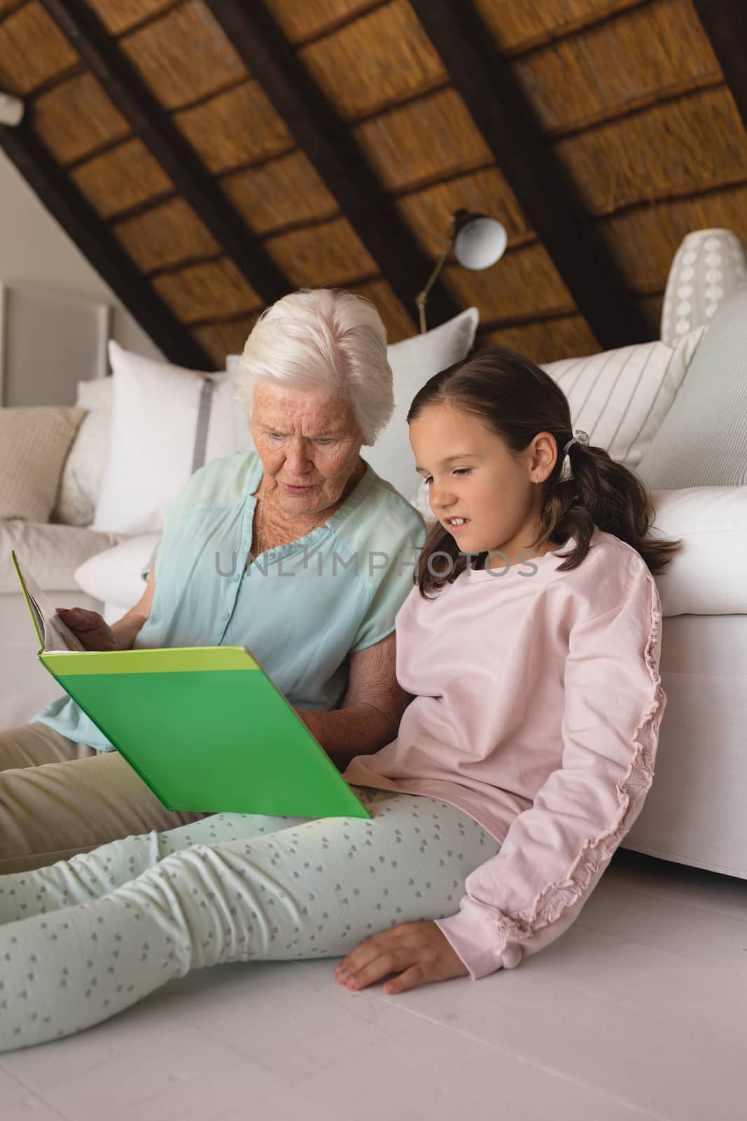 Side view of a grandmother and granddaughter reading story book in living room at home