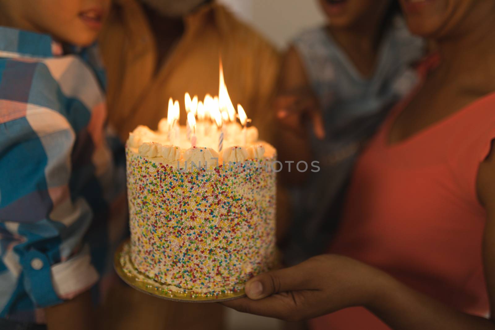 Mid section of multi-generation African American family celebrating birthday at home