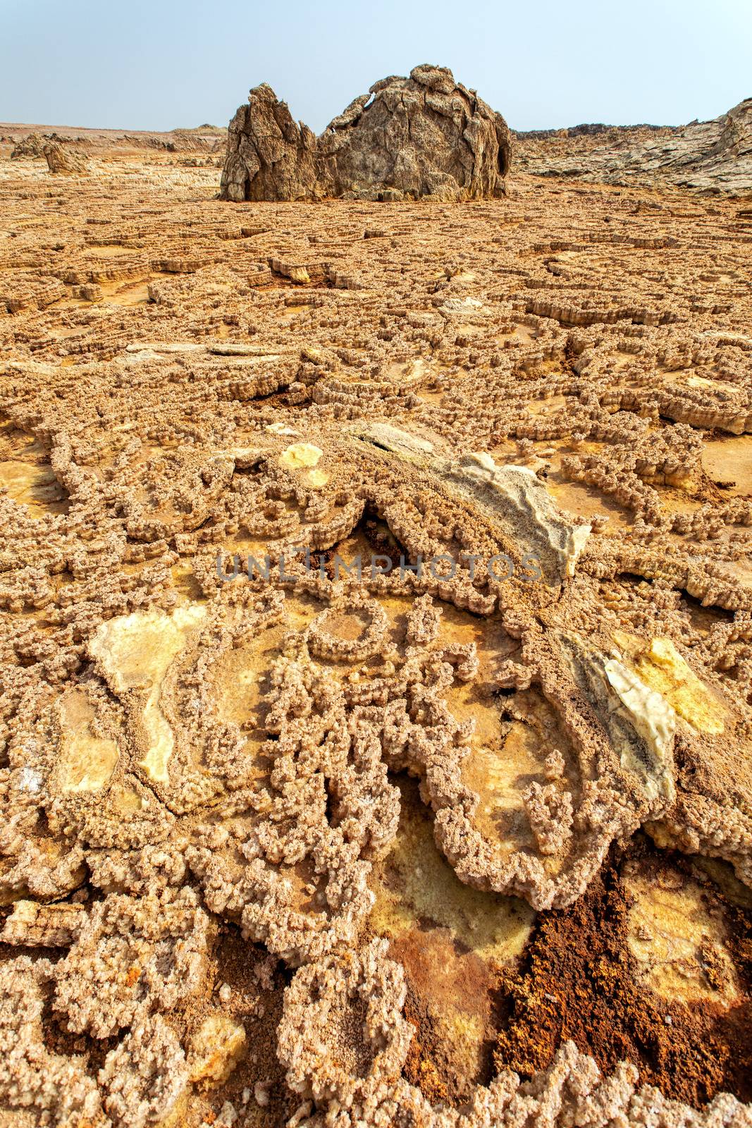 Dallol desert situated in the Afar Triangle with extreme temperature. Danakil Desert is one of the lowest and hottest places on Earth.