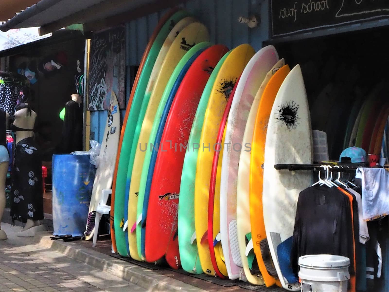 Surf boards stacked up outside the surf shack in el tunco in el salvador, central america