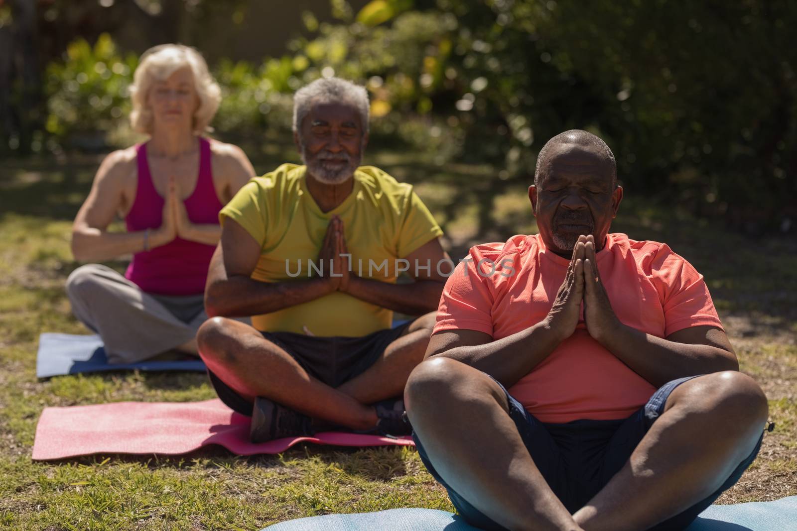 Front view of active senior people performing yoga on yoga mat in the park