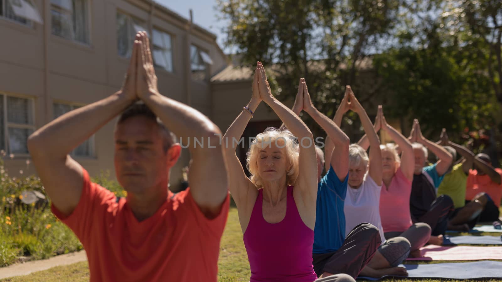 Senior group doing yoga together in the park by Wavebreakmedia