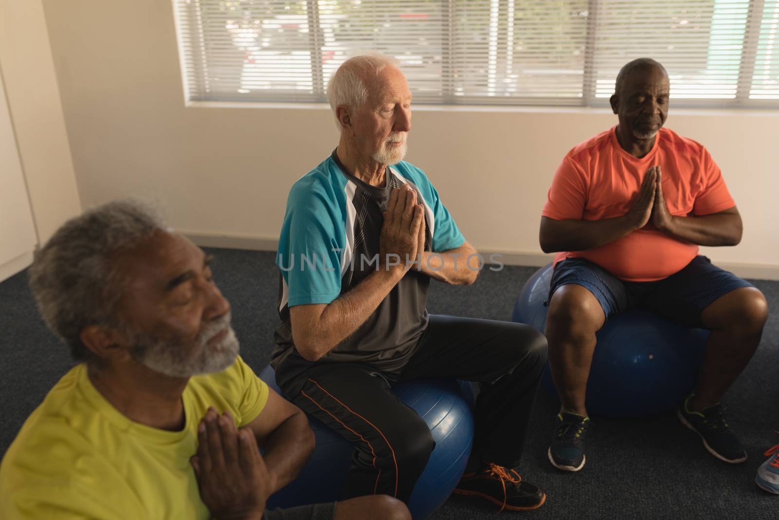 Side view of group of active senior men performing yoga doing ball exercice at home