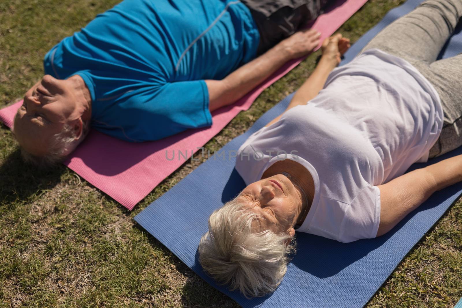High angle view of active senior man and senior woman performing yoga position on the back on yoga mat  in the park