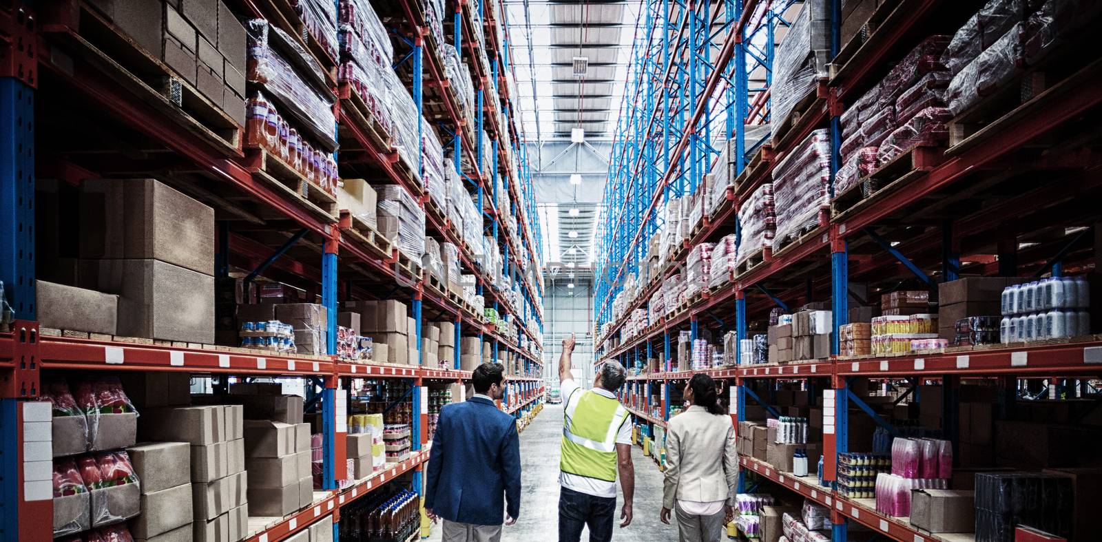 Rear view of warehouse team discussing while walking in warehouse